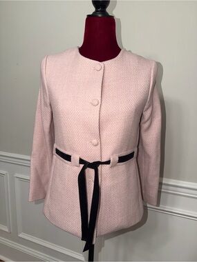 THE PPOM Pink Tweed Jacket Blazer Korean Fashion Velvet Bow Belted Size S